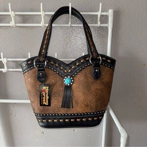 Branded Western-Style Brown and Black Tote with Turquoise Accent